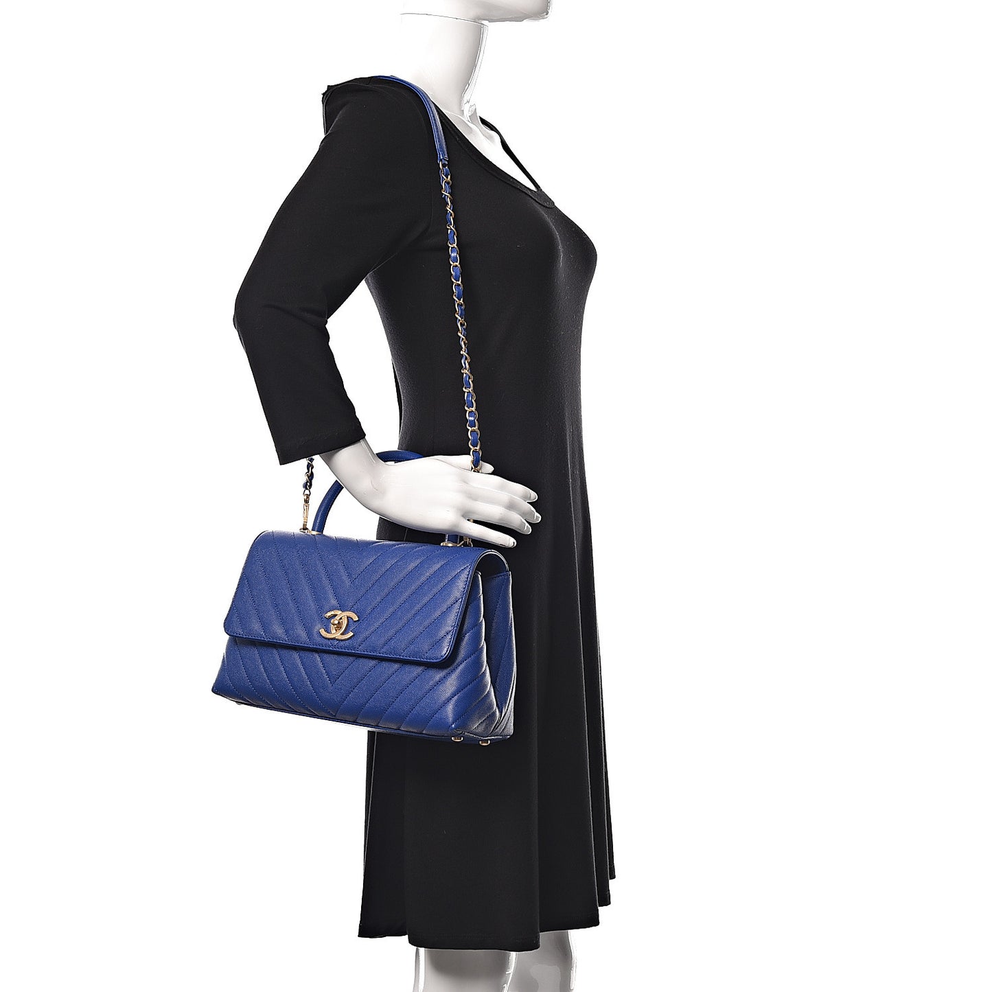 Caviar Chevron Quilted Small Coco Handle Flap Blue
