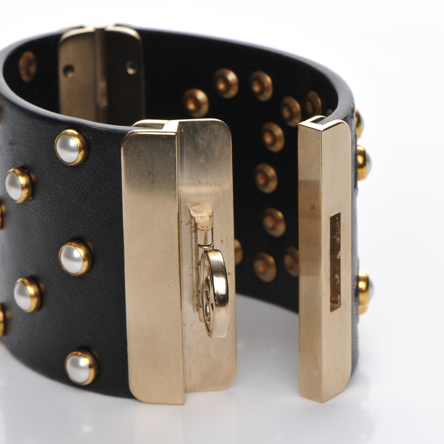 Chanel Lambskin Calfskin Pearl CC Cuff Bracelet Black Gold 4 of 8