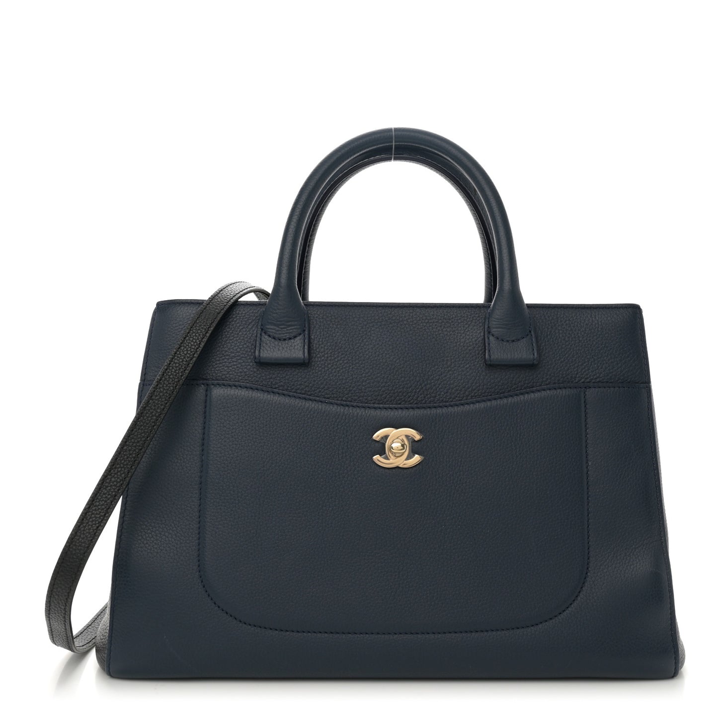 Grained Calfskin Neo Executive Shopper Tote Dark Blue Black