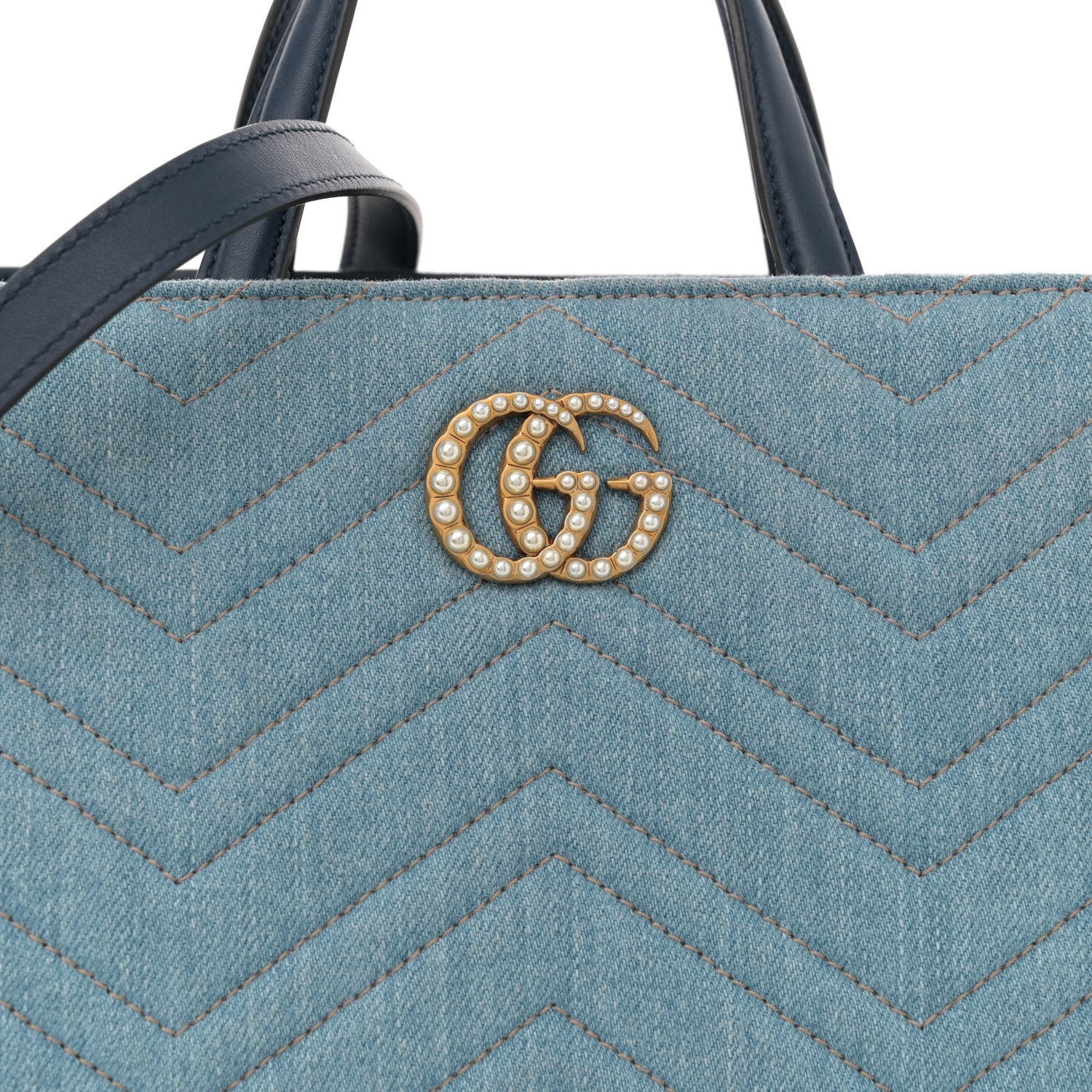 Gucci Denim Matelasse Small Pearly GG Marmont Tote Blue 8 of 11