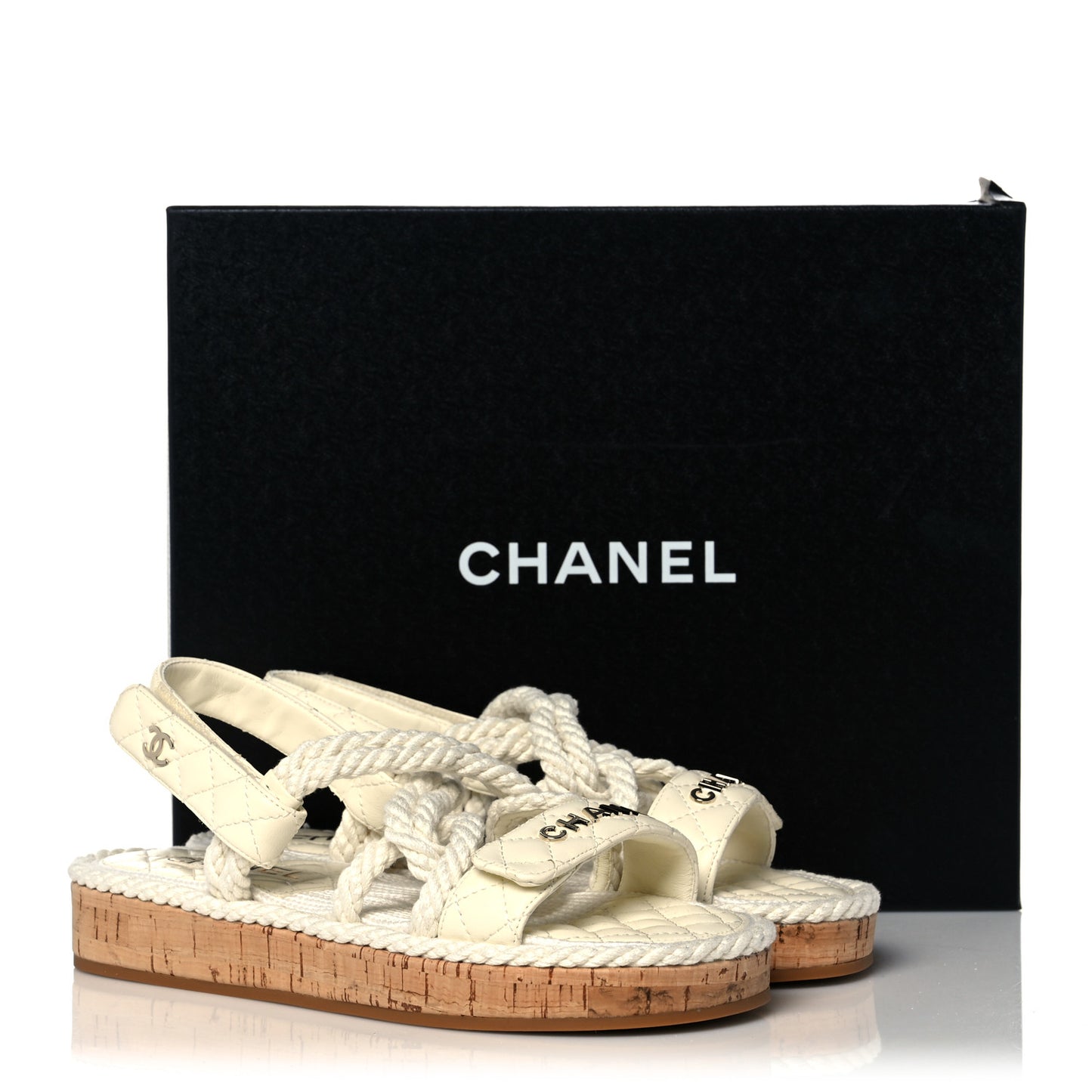 Cord Lambskin Quilted Logo Sandals 37 Ivory
