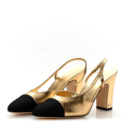 Chanel Laminated Crumpled Lambskin Grosgrain Cap Toe CC Slingback Pumps 39.5 Gold Black 4 of 10