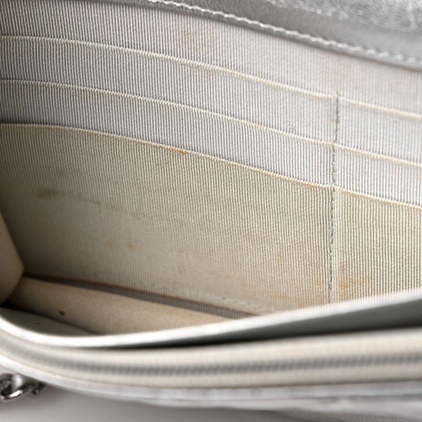 Metallic Lambskin Quilted Wallet On Chain WOC Silver