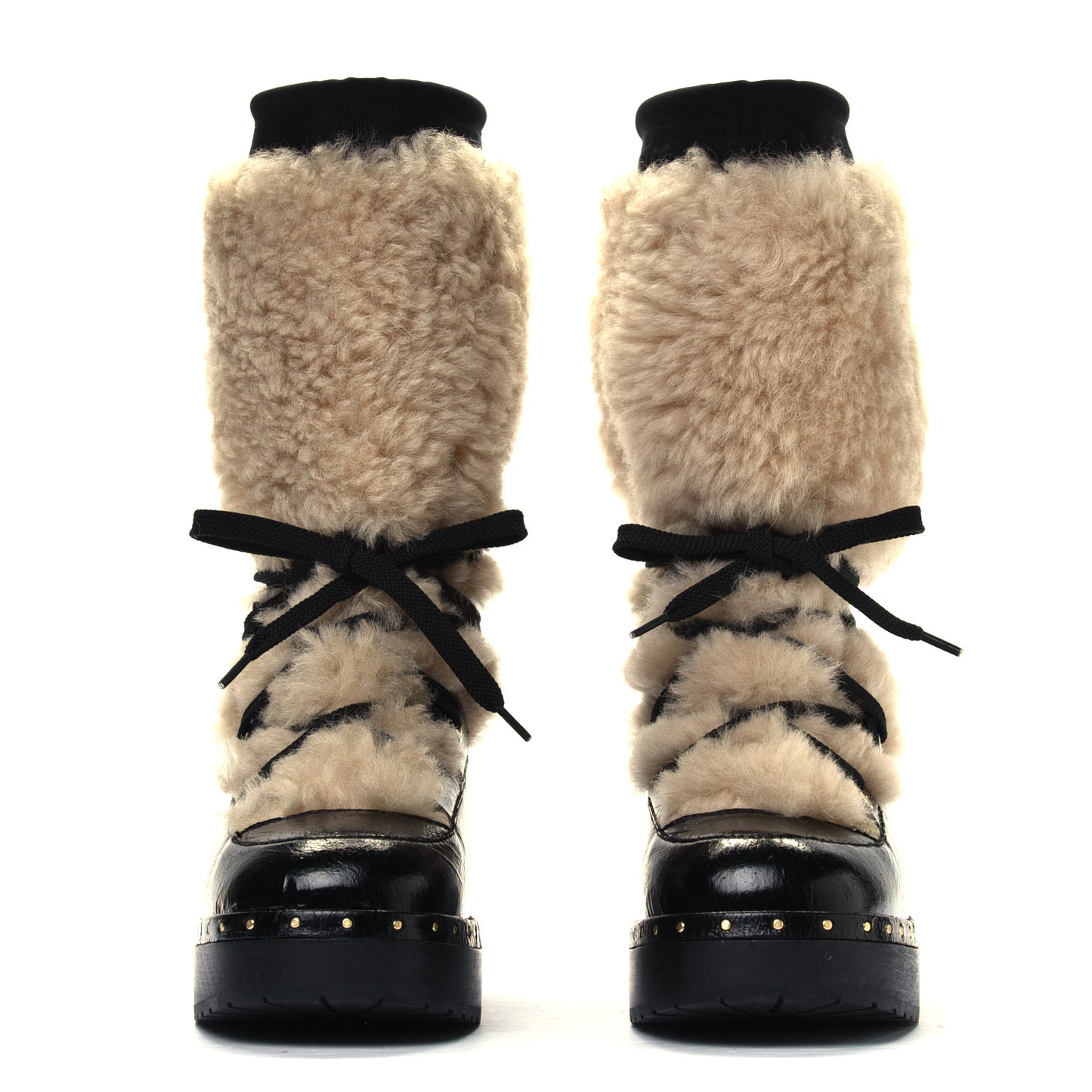 Patent Shearling Lace Up Boot 37 Black