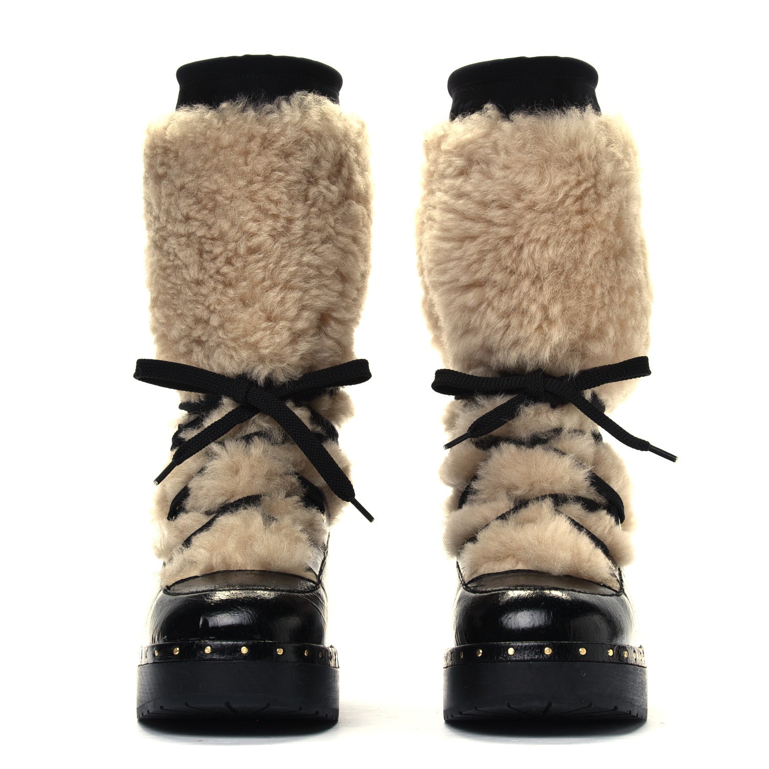 Chanel Patent Shearling Lace Up Boot 37 Black 4 of 6