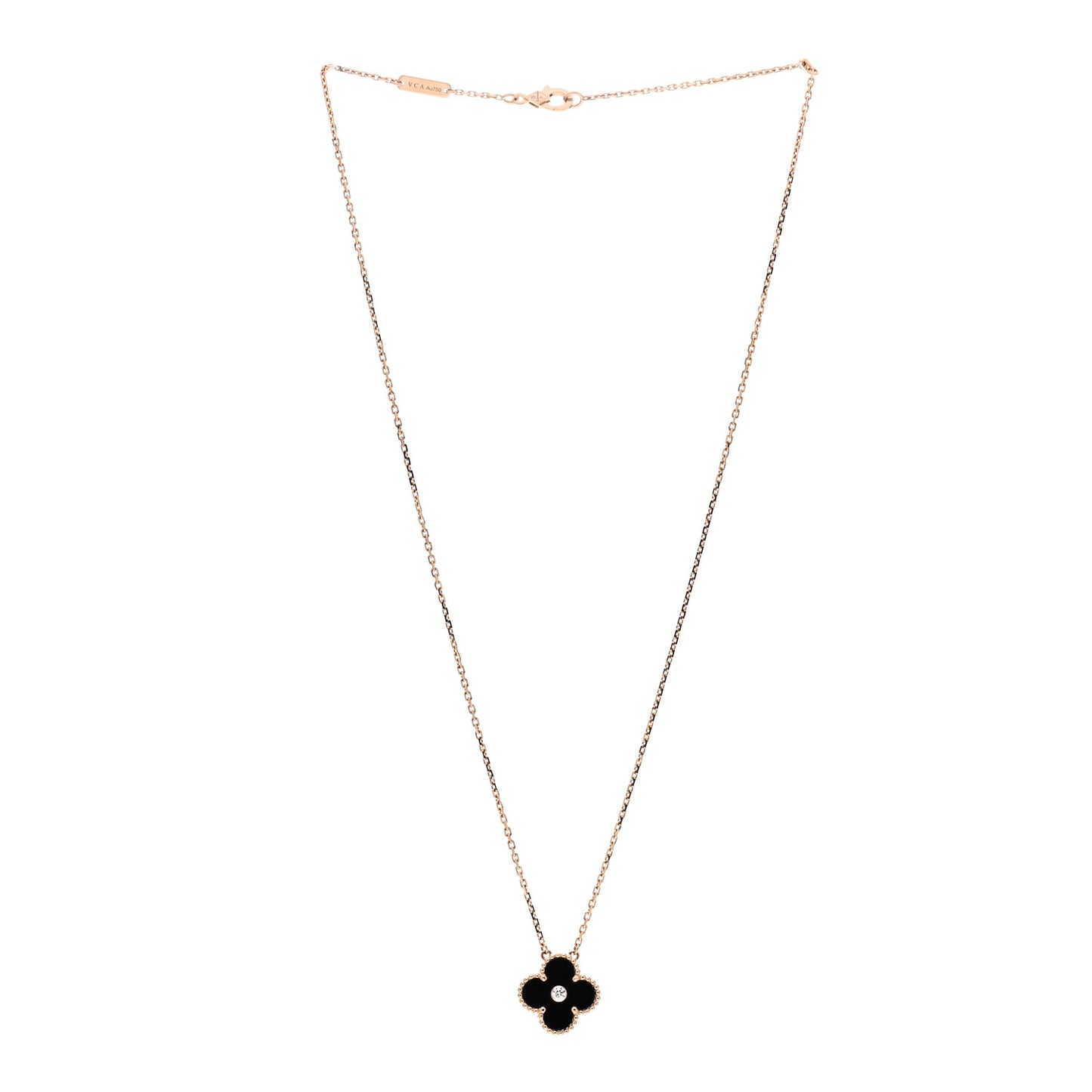 18K Rose Gold Diamond Black Onyx Vintage Alhambra Pendant Necklace