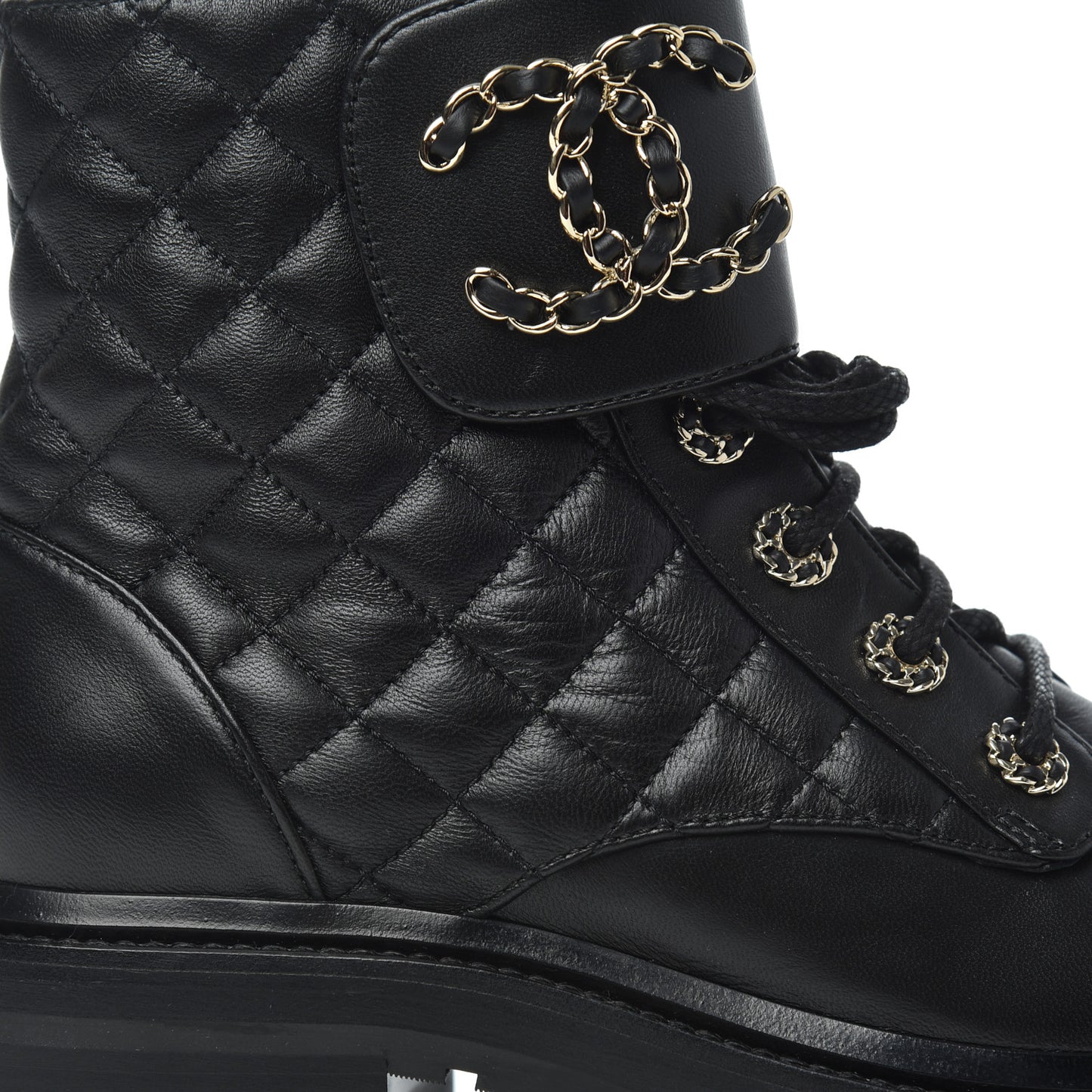 Shiny Lambskin Quilted Lace Up Combat Boots 36.5 Black