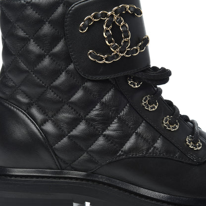 Chanel Shiny Lambskin Quilted Lace Up Combat Boots 36.5 Black 9 of 17