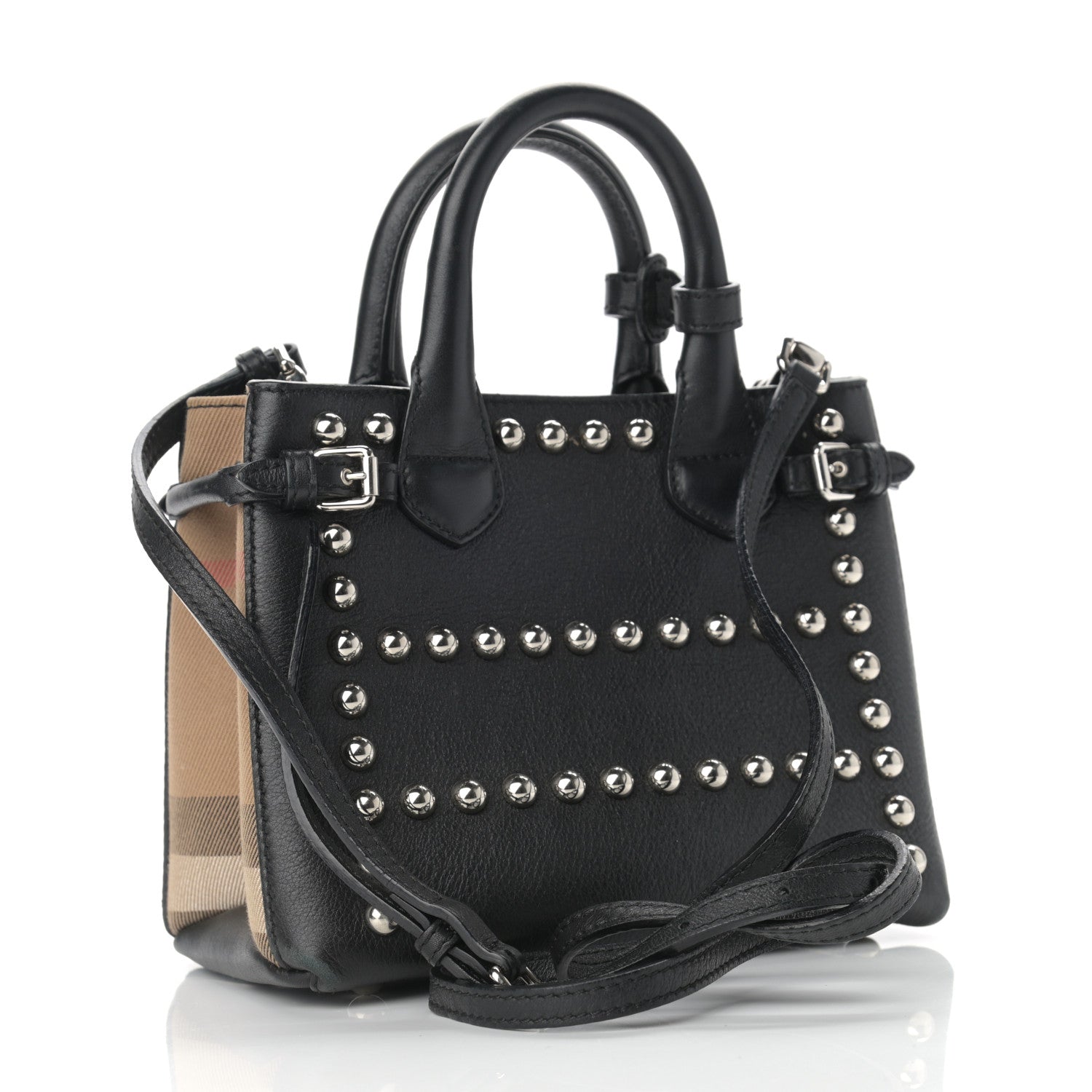 Burberry Pebbled Calfskin House Check Studded Baby Banner Tote Black 3 of 14