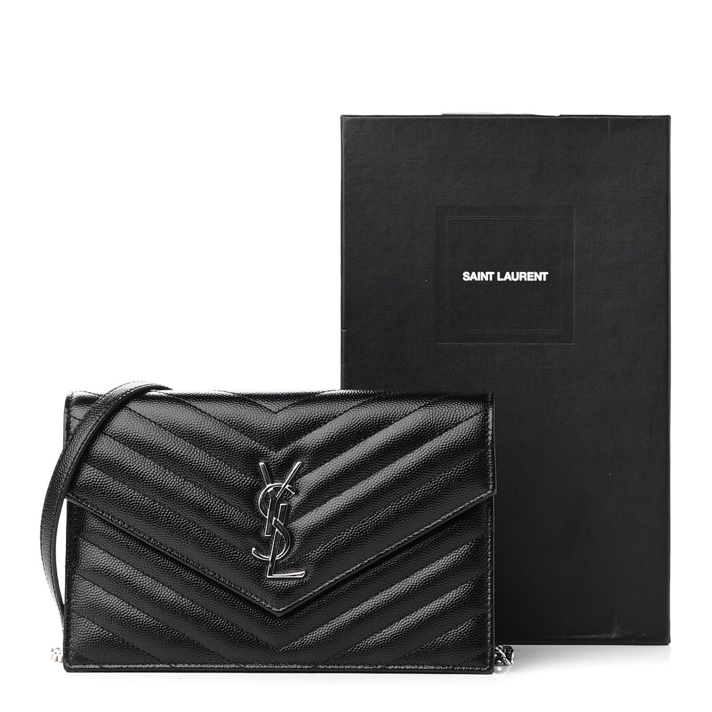 Grain De Poudre Matelasse Chevron Monogram Envelope Chain Wallet Black