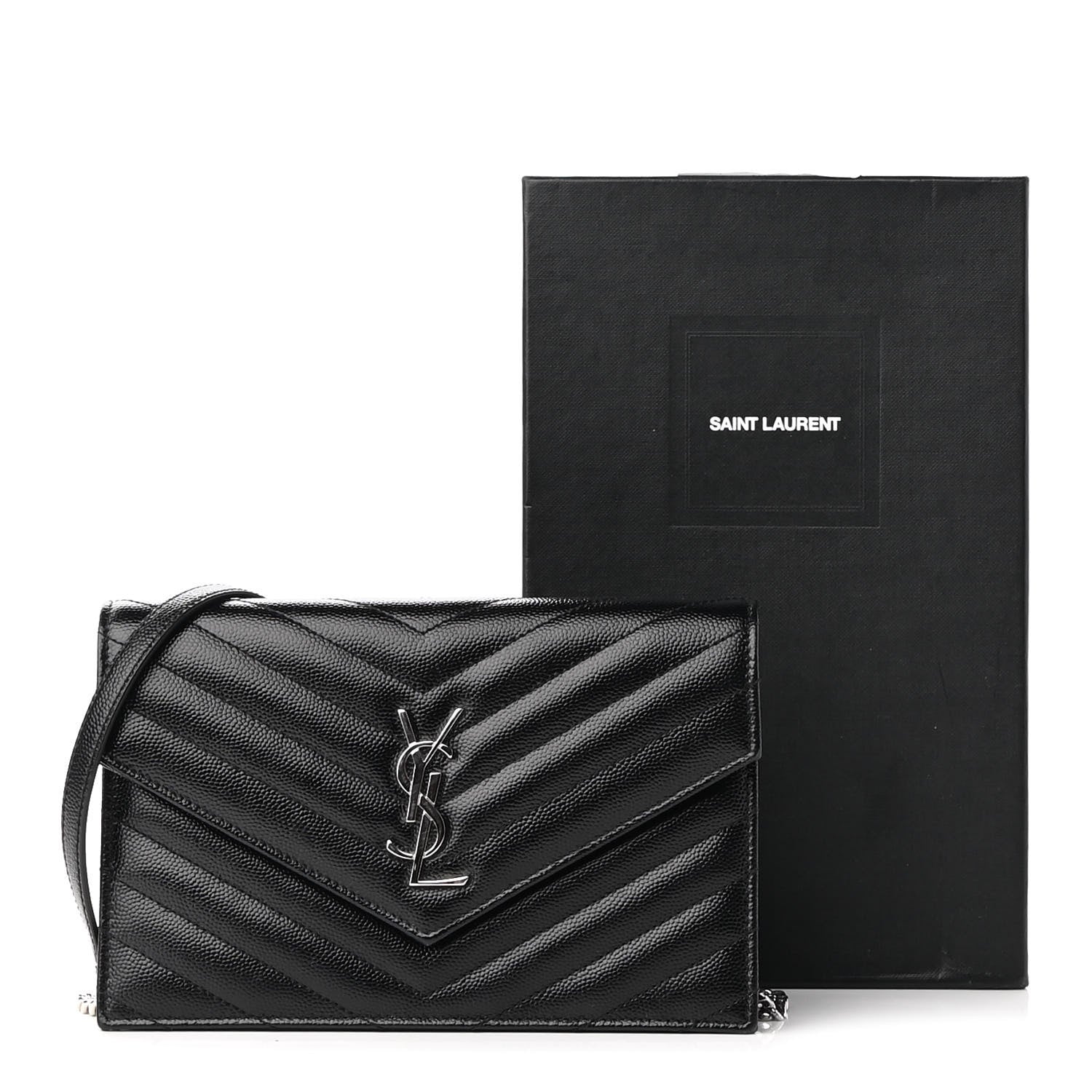 Saint Laurent Grain De Poudre Matelasse Chevron Monogram Envelope Chain Wallet Black 8 of 8