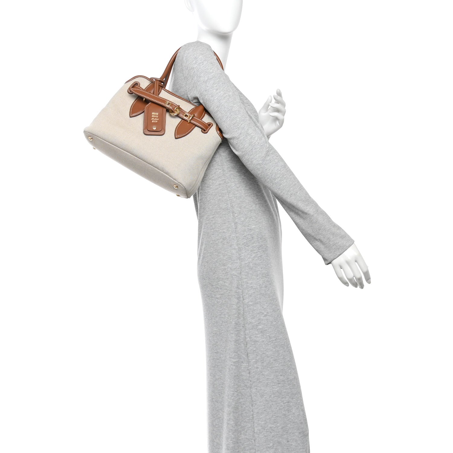 Miu Miu Canvas Calfskin Aventure Bag Beige Brandy 1907483