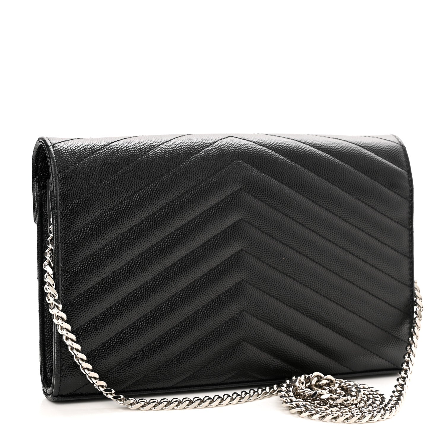 Saint Laurent Grain De Poudre Matelasse Chevron Monogram Chain Wallet Black 3 of 10