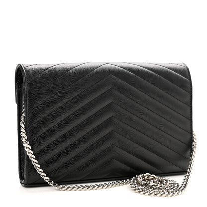 Saint Laurent Grain De Poudre Matelasse Chevron Monogram Chain Wallet Black 3 of 10