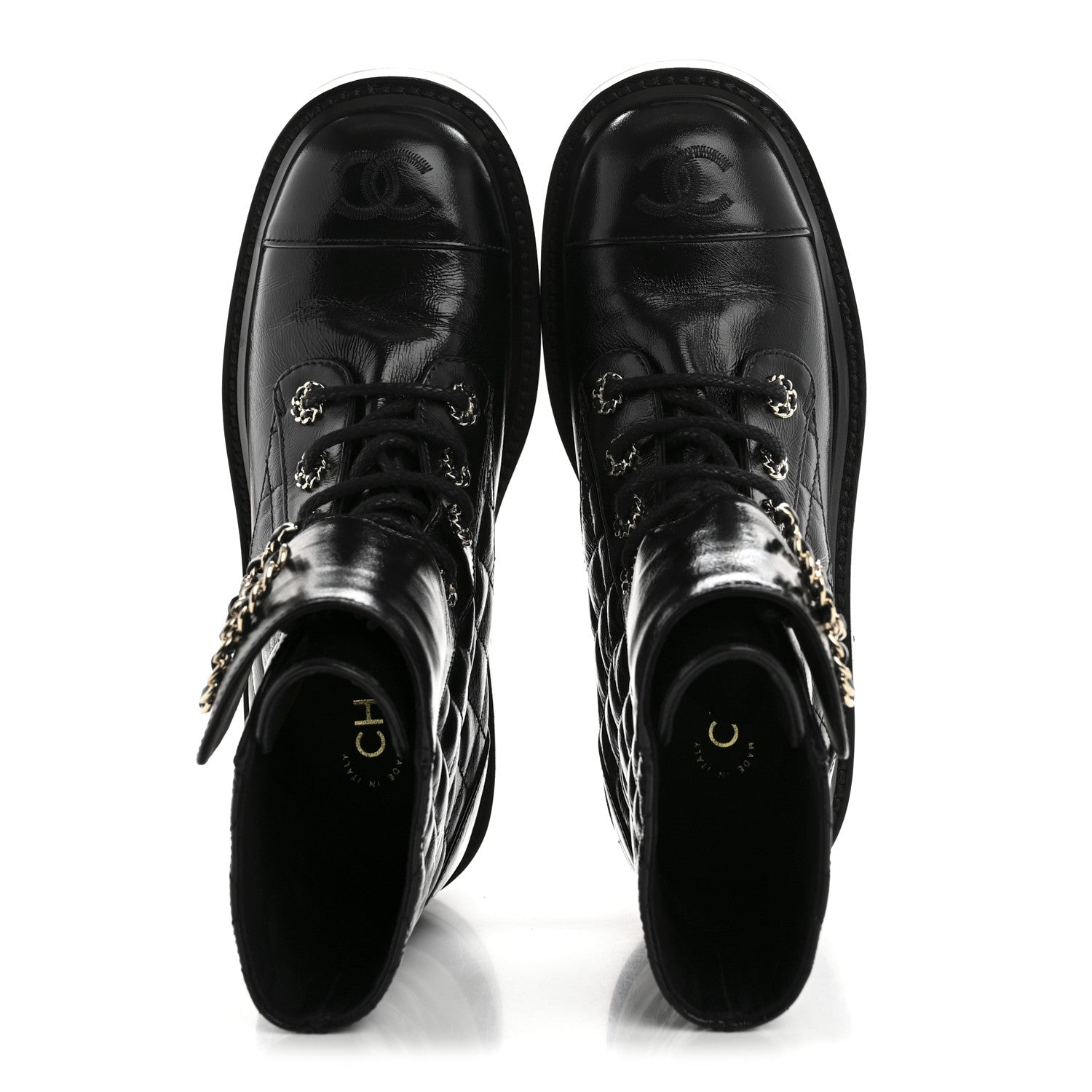Chanel Shiny Lambskin Quilted Lace Up Combat Boots 37 Black