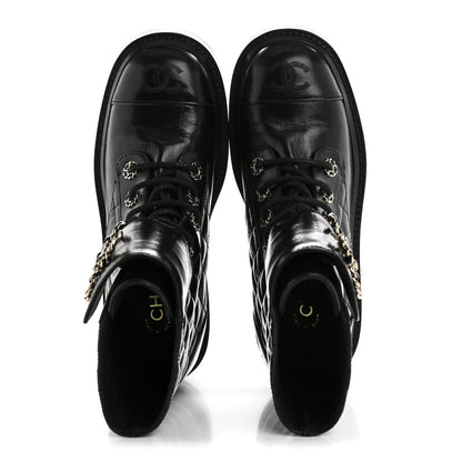 Chanel Shiny Lambskin Quilted Lace Up Combat Boots 37 Black 2 of 11