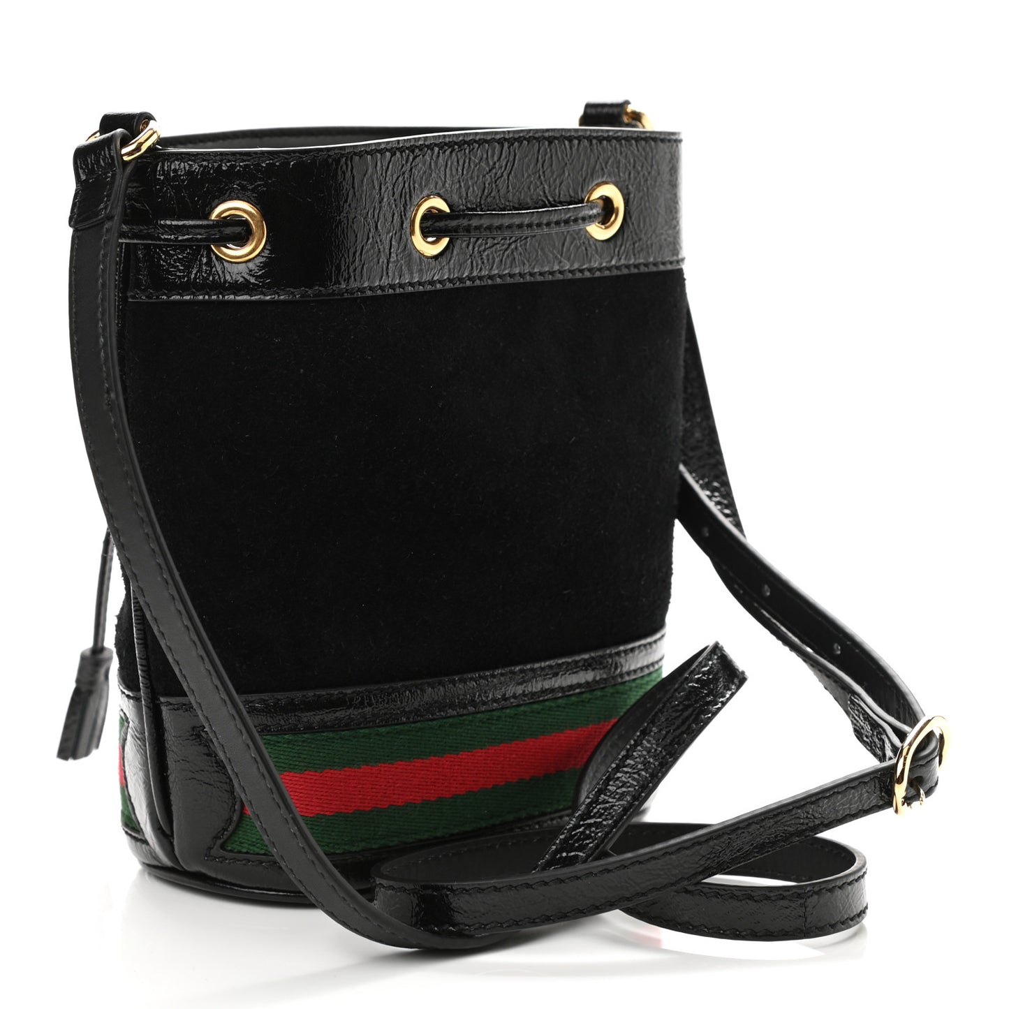 Suede Patent Web Mini Ophidia Bucket Bag Black