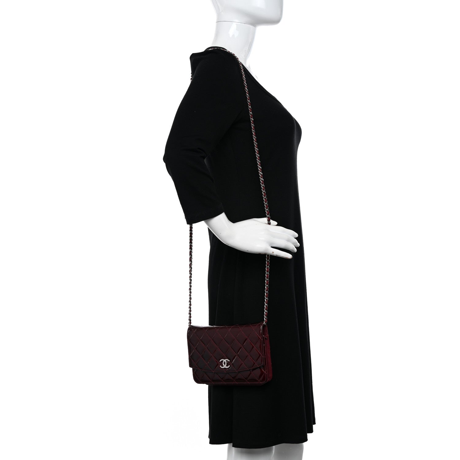 Chanel Patent Quilted Brilliant Wallet On Chain WOC Dark Burgundy 2 of 12