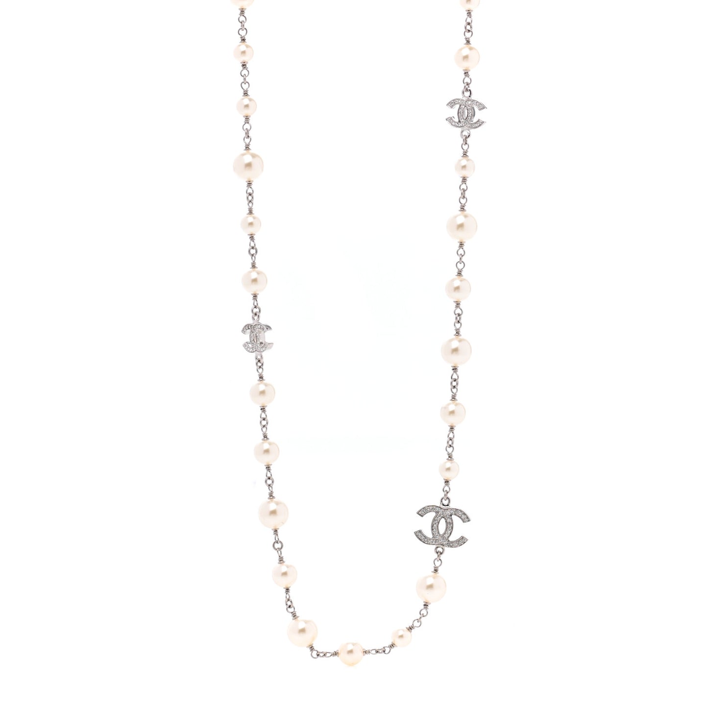 Crystal Pearl CC Long Necklace Silver
