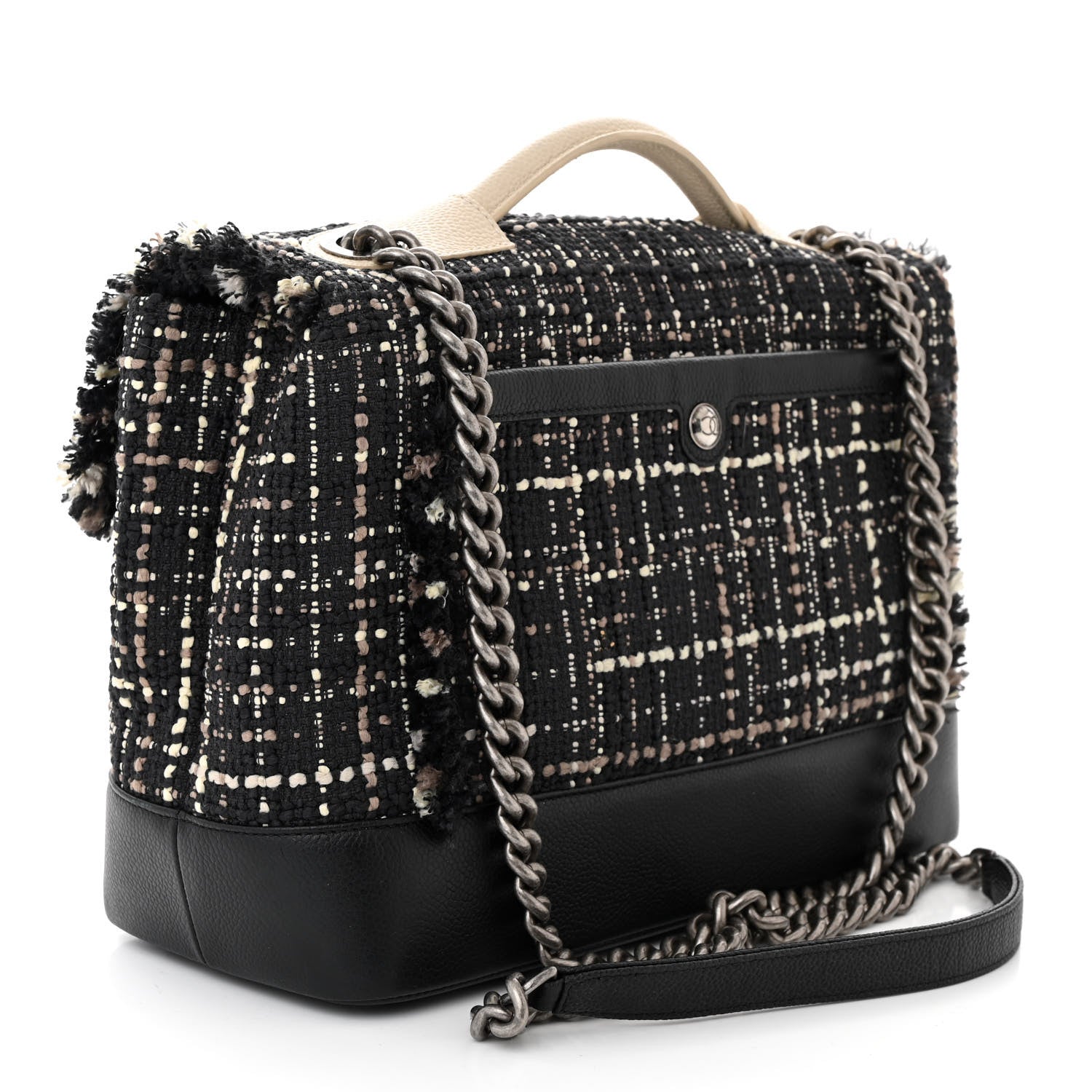 Chanel Tweed Trip Top Handle Flap Black Beige 3 of 12