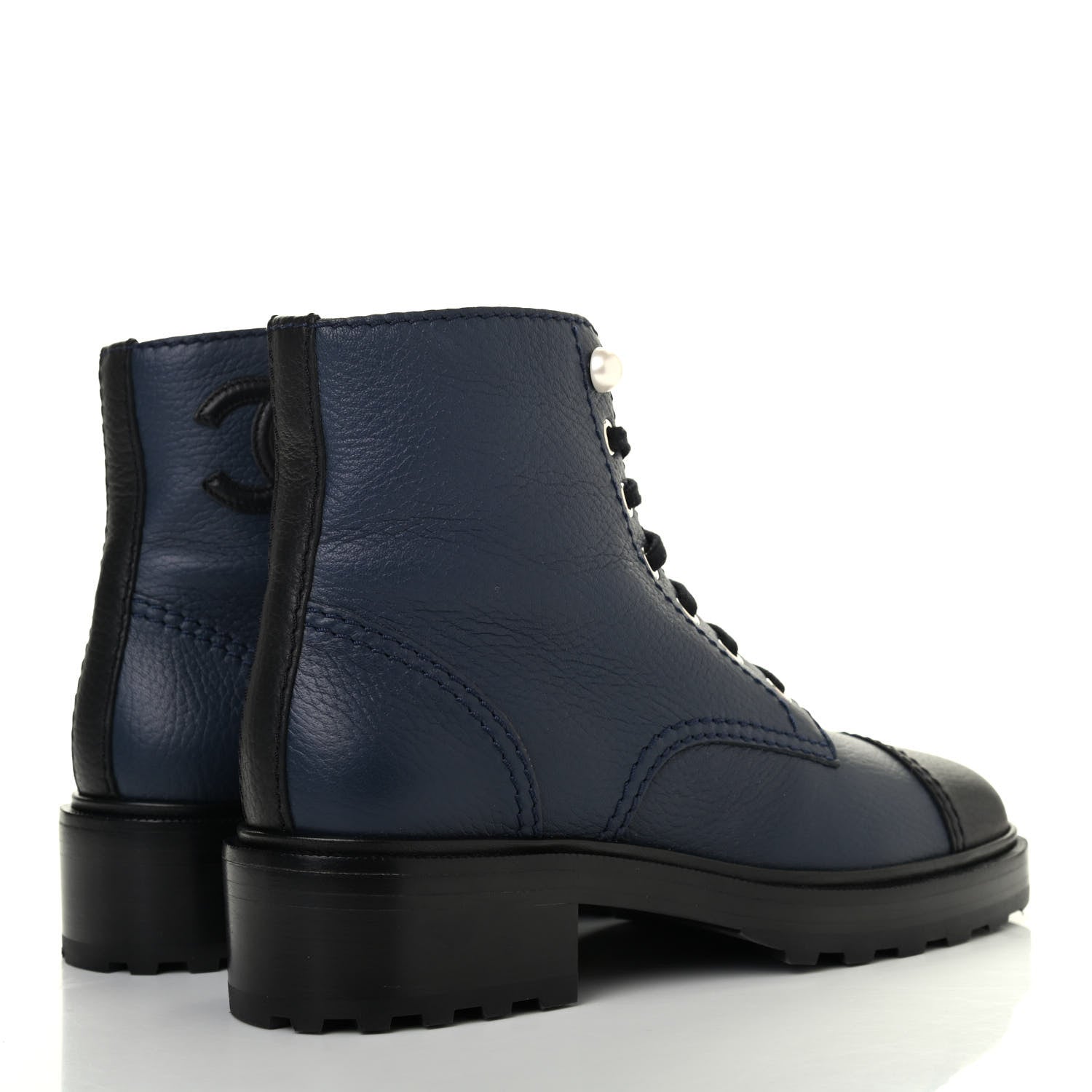 Chanel Calfskin Pearl Combat Short Boots 39 Navy Black 3 of 4