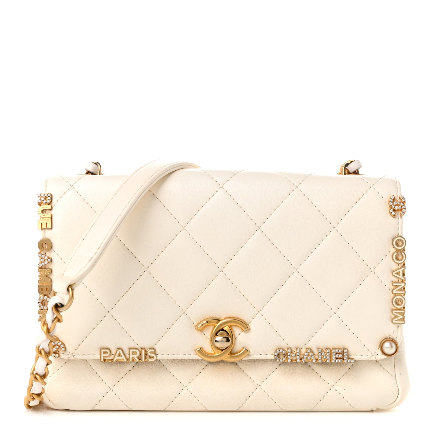 Lambskin Enamel Strass Quilted Mini Paris Monaco Flap White