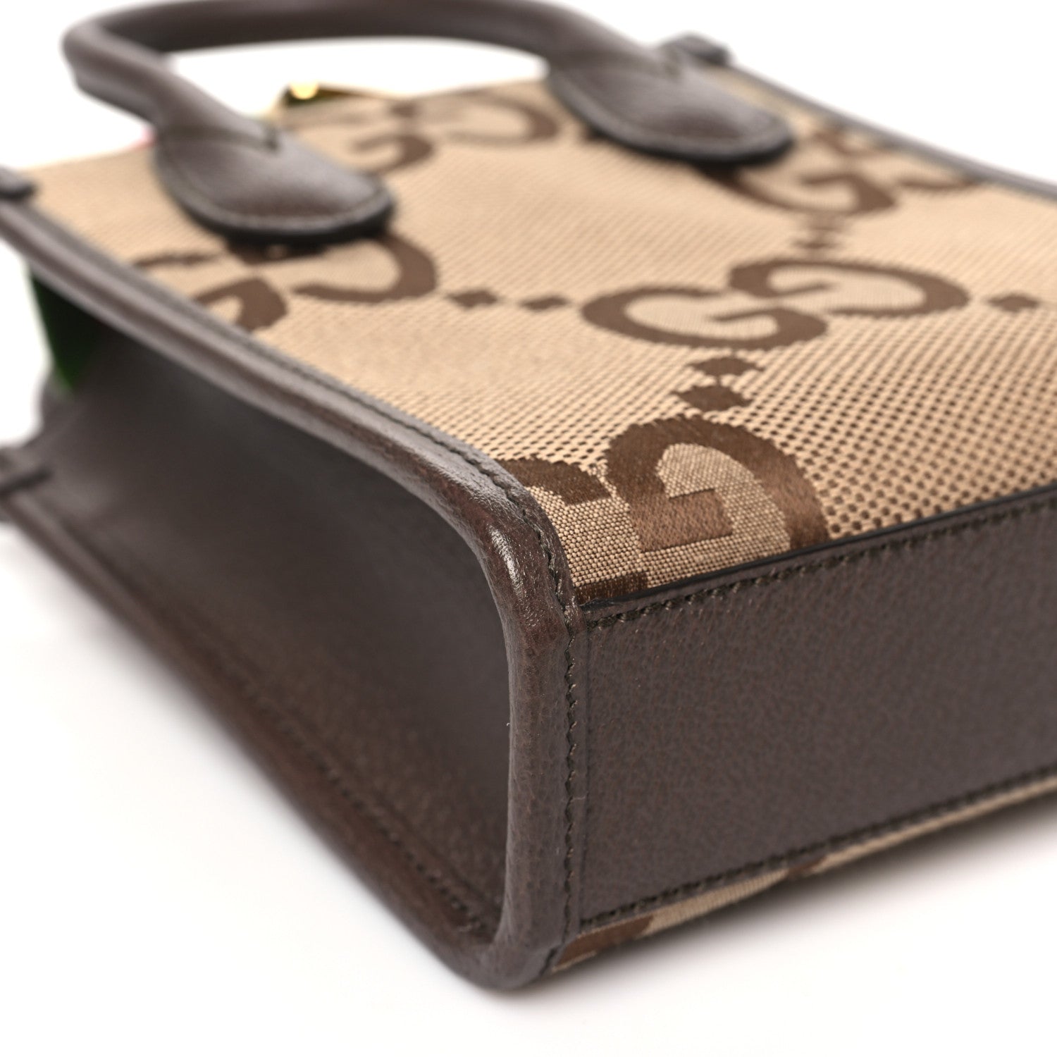 Gucci Monogram Jumbo GG Textured Dollar Calfskin Web Mini Vertical Tote Camel Ebony New Acero 9 of 10