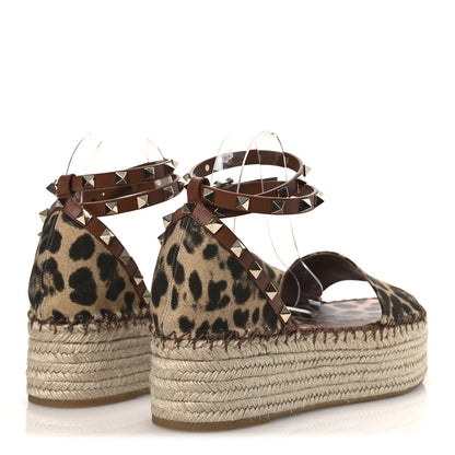 Valentino Garavani Canvas Leopard Print Rockstud Ankle Wrap Espadrille Flatform Sandals 41 Brown 5 of 13