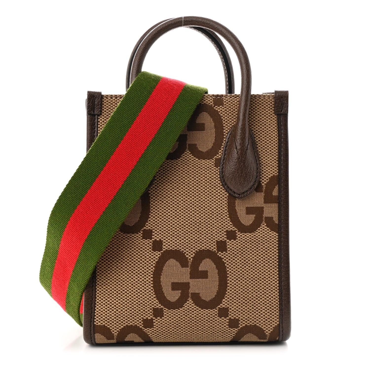 Gucci Monogram Jumbo GG Textured Dollar Calfskin Web Mini Vertical Tote Camel Ebony New Acero 1 of 10