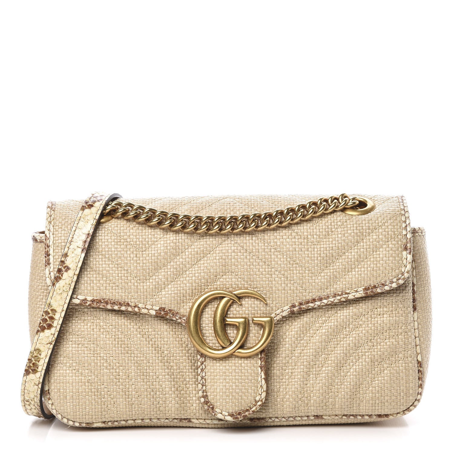 Gucci Raffia Elaphe Matelasse Small GG Marmont Shoulder Bag Natural Cream Brown 1 of 10