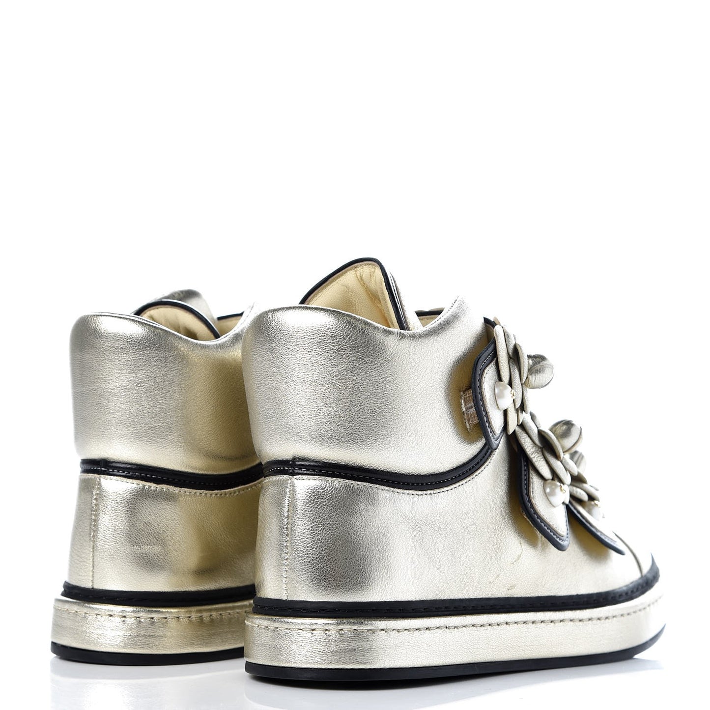Metallic Lambskin Camellia High Top Sneakers 39 Gold
