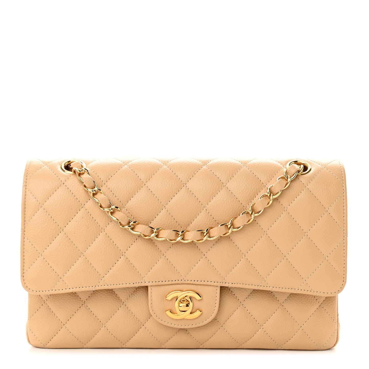 Caviar Quilted Medium Double Flap Beige