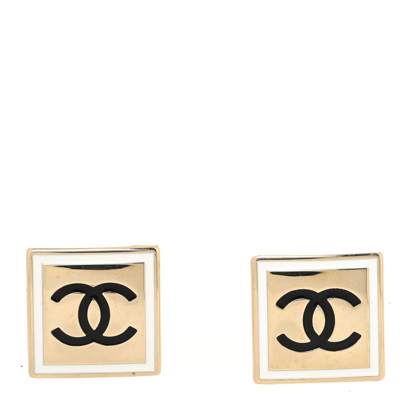 Metal Enamel CC Square Earrings Gold Black White