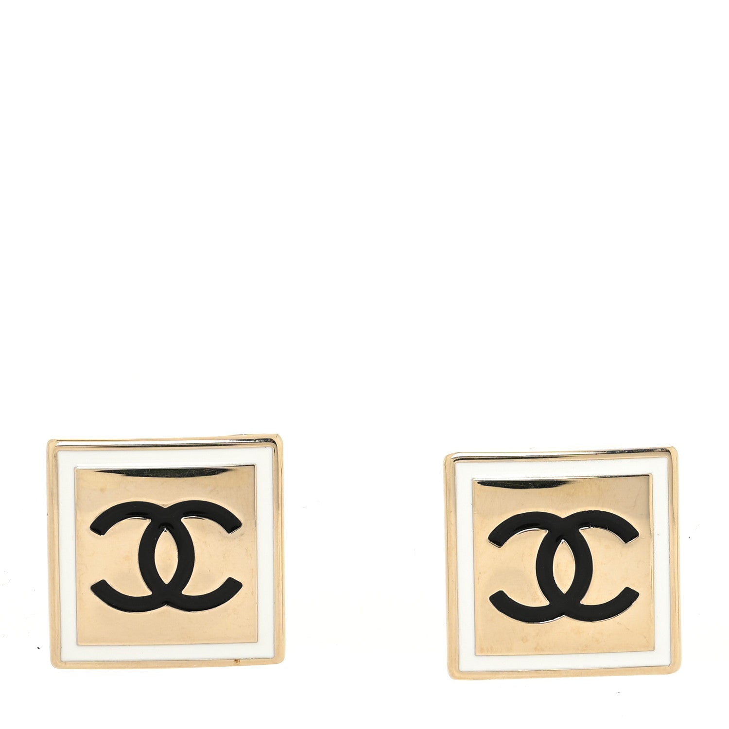 Chanel Metal Enamel CC Square Earrings Gold Black White 1 of 4