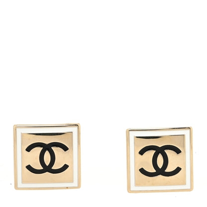 Chanel Metal Enamel CC Square Earrings Gold Black White 1 of 4
