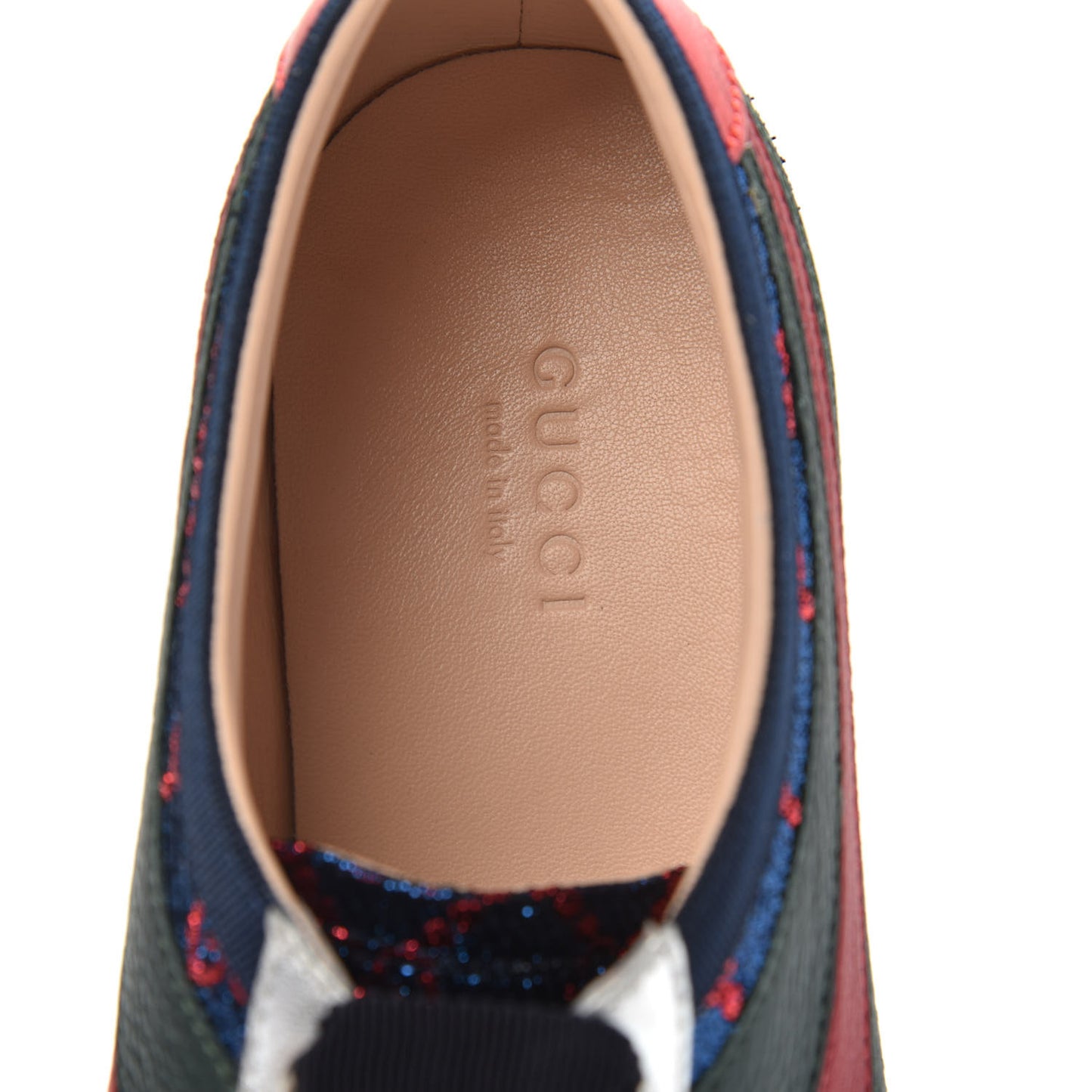 Lurex Calfskin Web GG Monogram Womens Falacer Sneakers 37.5 Iridescent Blue Iridescent Red Silver
