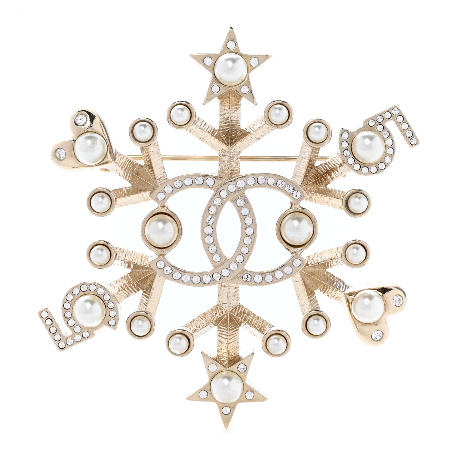 Chanel Crystal Pearl Hearts CC Brooch Gold 1 of 4
