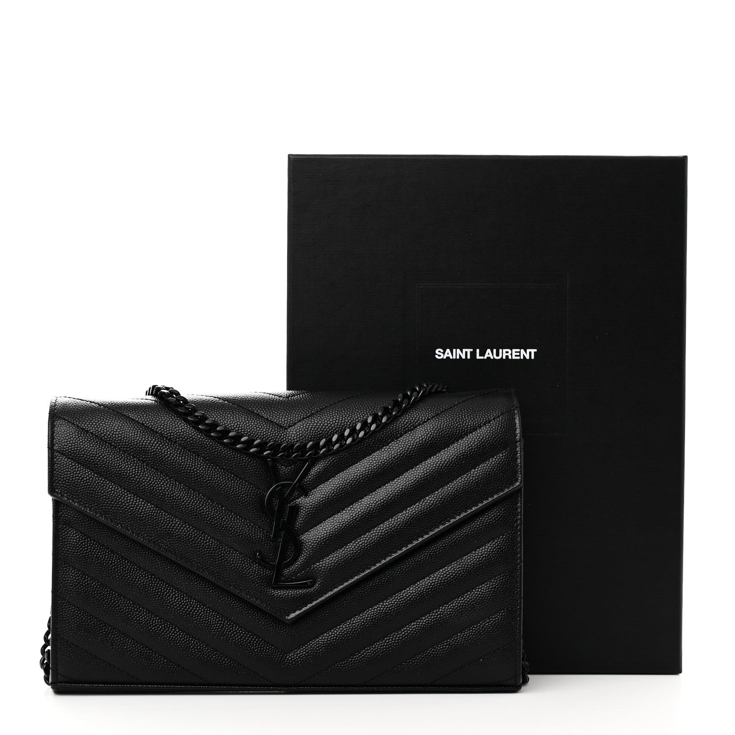 Saint Laurent Grain De Poudre Matelasse Chevron Monogram Monochrome Chain Wallet Black 10 of 10