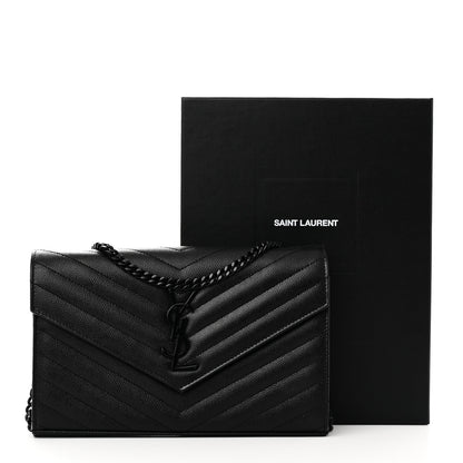 Saint Laurent Grain De Poudre Matelasse Chevron Monogram Monochrome Chain Wallet Black 10 of 10