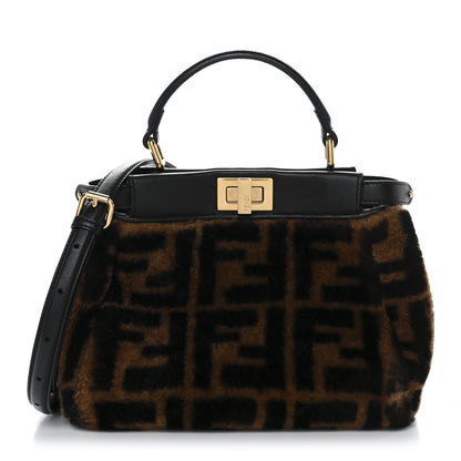 Fendi Shearling Nappa Macro FF 1974 Mini Peekaboo Iconic Satchel Tobacco Black 1 of 11