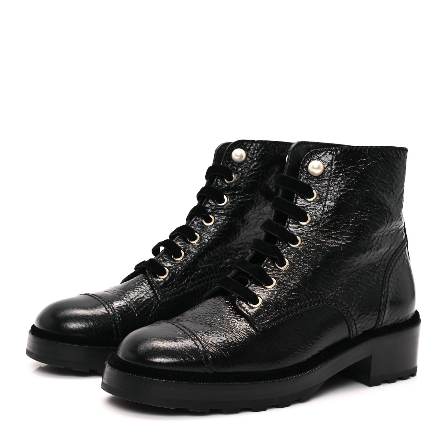 Shiny Calfskin Velvet Pearl Combat Short Boots 39.5 Black