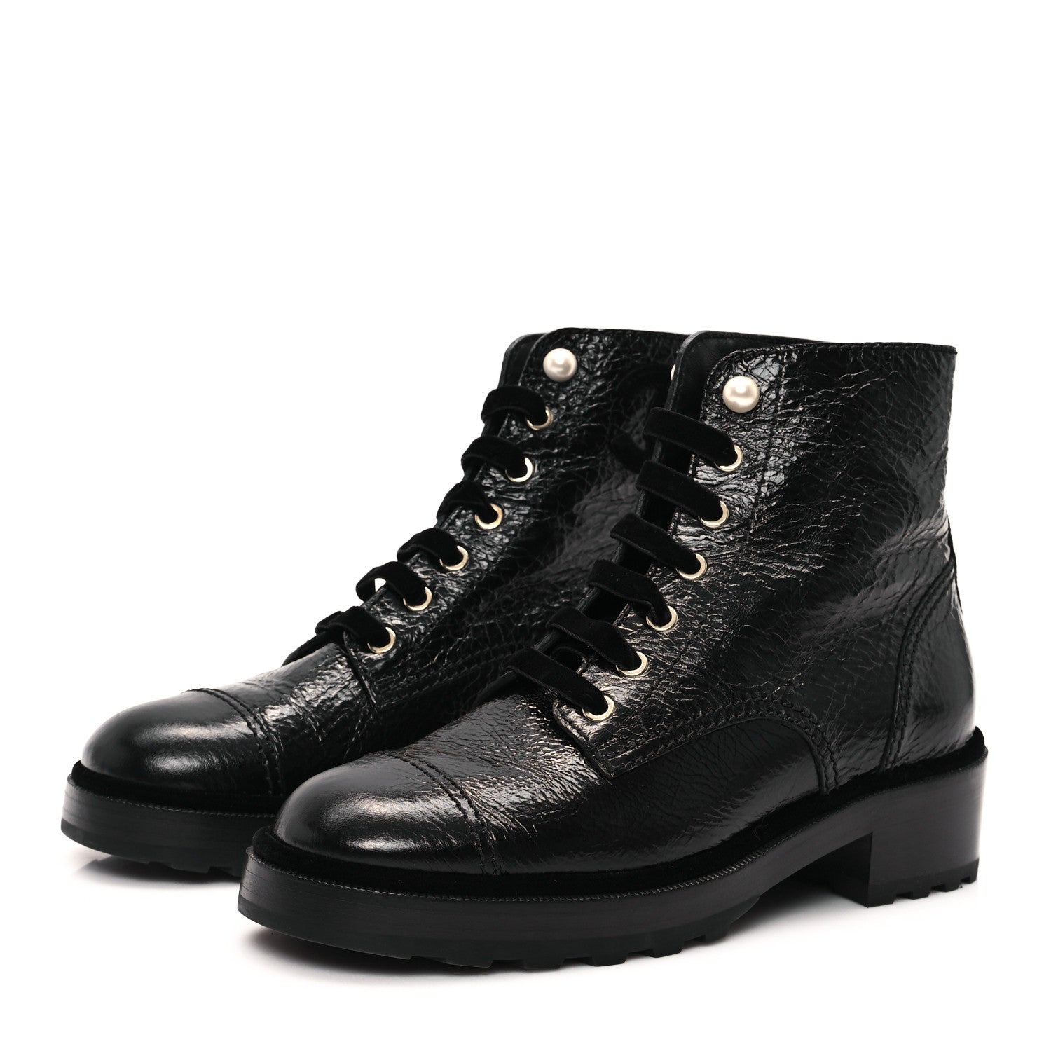 Chanel Shiny Calfskin Velvet Pearl Combat Short Boots 39.5 Black 4 of 10