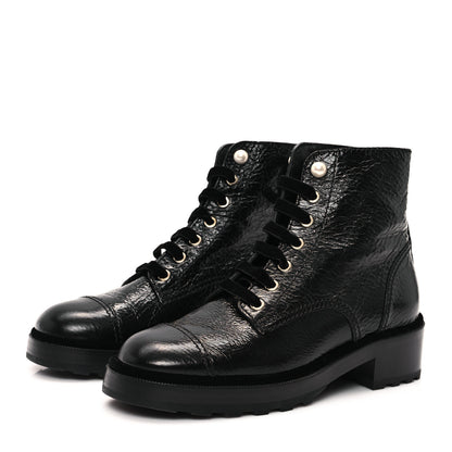 Chanel Shiny Calfskin Velvet Pearl Combat Short Boots 39.5 Black 4 of 10