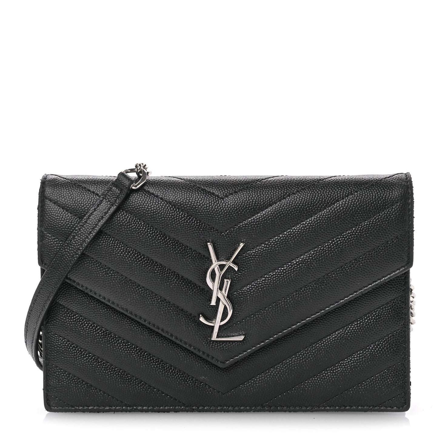 Grain De Poudre Matelasse Chevron Monogram Envelope Chain Wallet Black