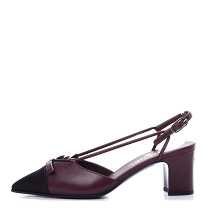 Chanel Lambskin Satin Slingback Cap Toe Bow Pumps 36.5 Burgundy Black 1 of 11
