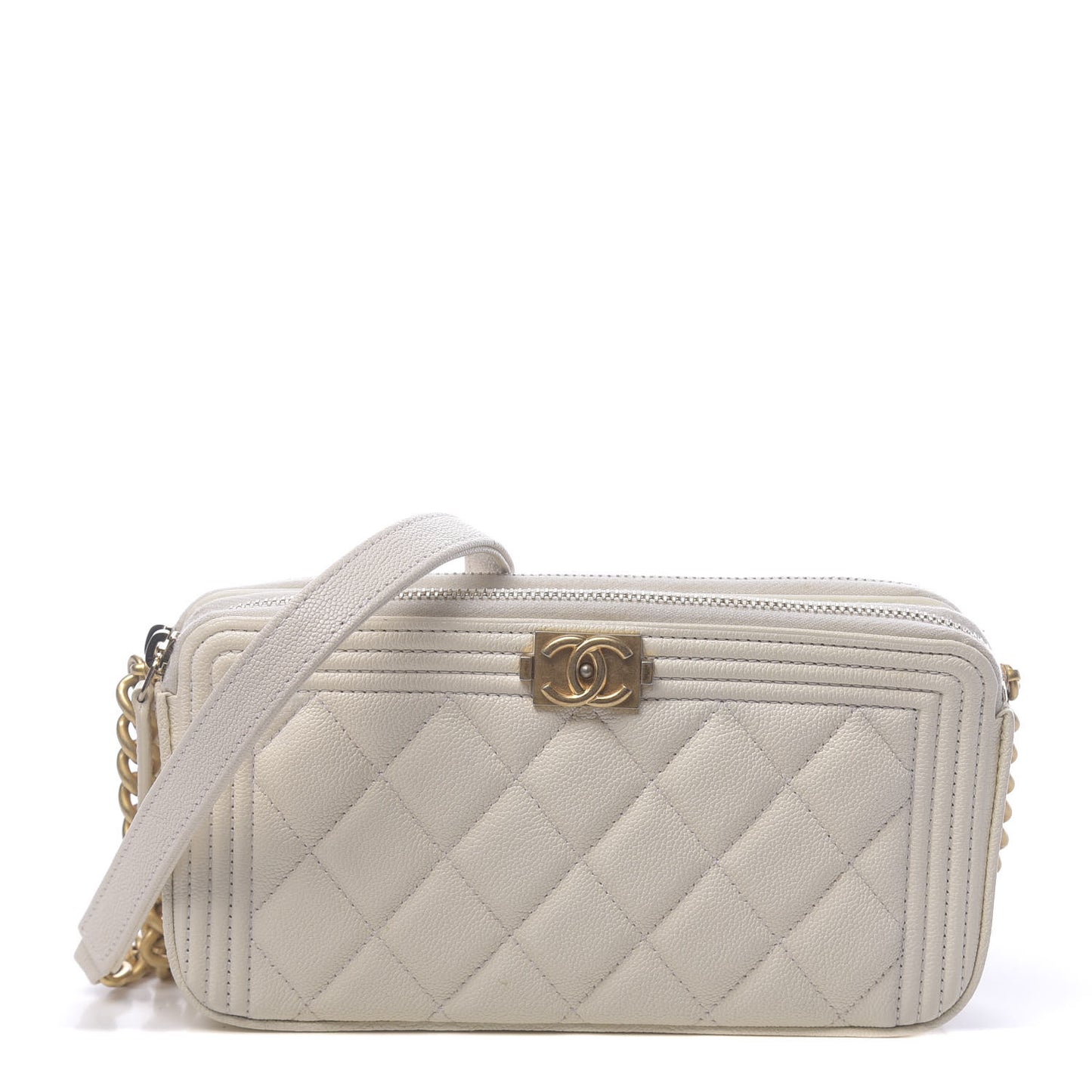 Caviar Quilted Small Boy Clutch With Chain White