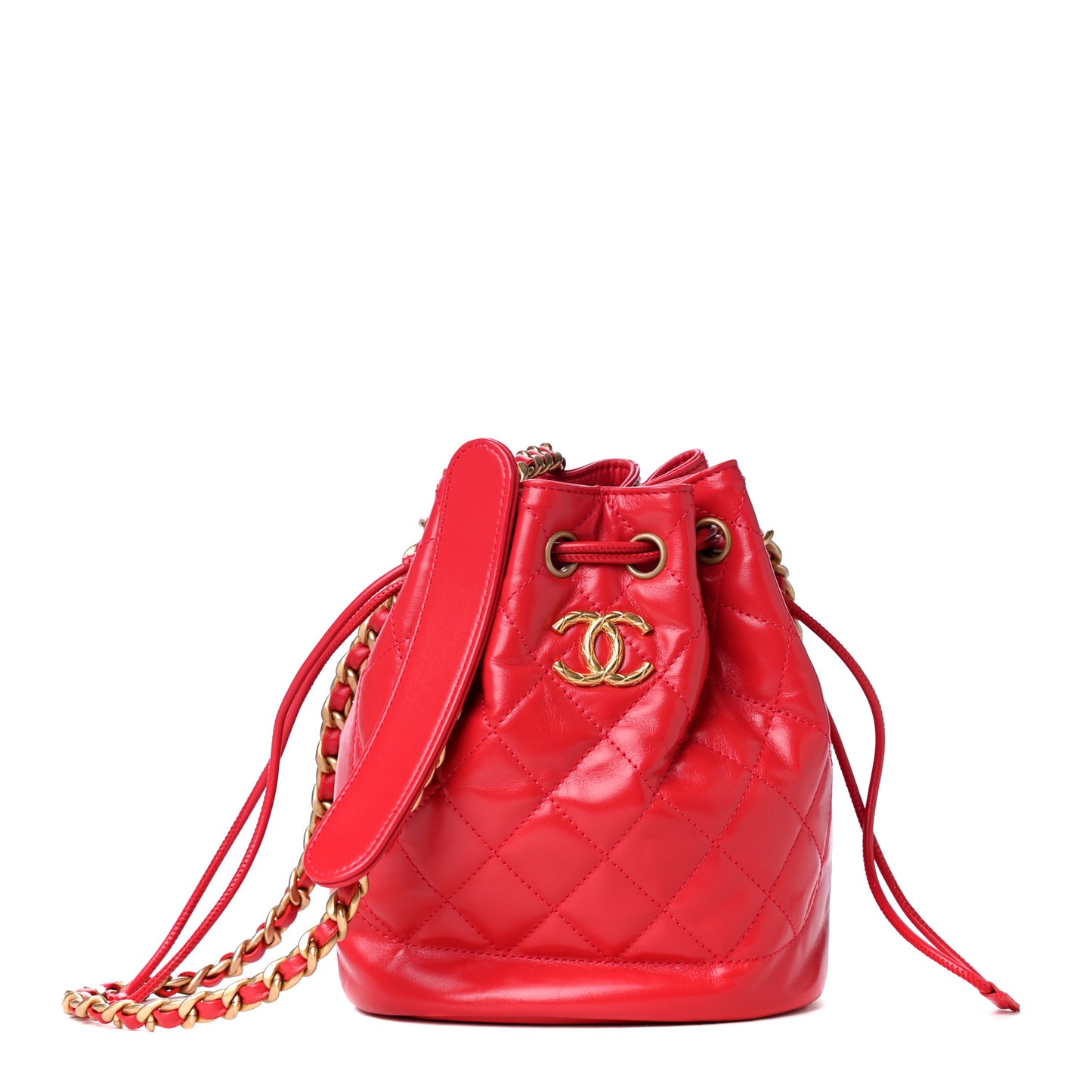 Calfskin Stitched Coco Ring Bucket Drawstring Bag Red