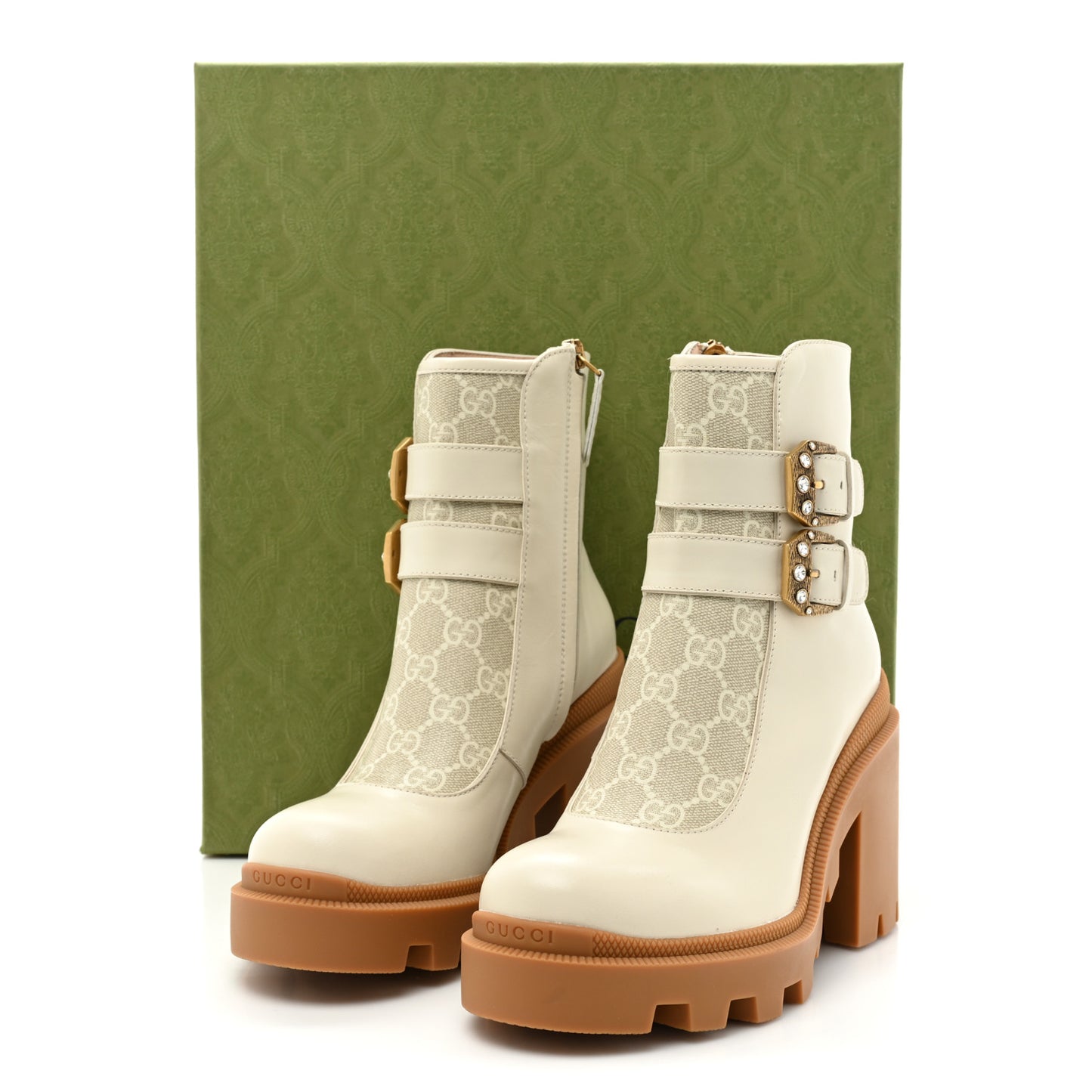Kensington Calfskin Nappa GG Supreme Monogram Womens Double Buckle Ankle Boots 36 Mystic White Beige