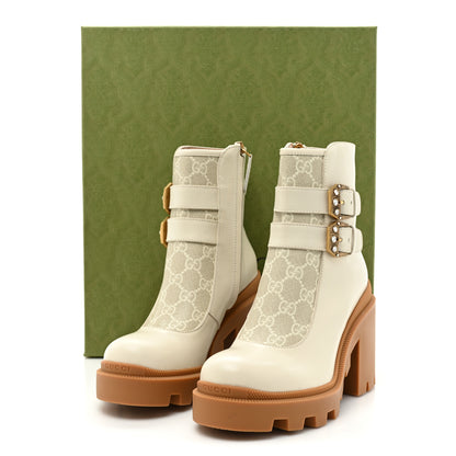 Gucci Kensington Calfskin Nappa GG Supreme Monogram Womens Double Buckle Ankle Boots 36 Mystic White Beige 10 of 10