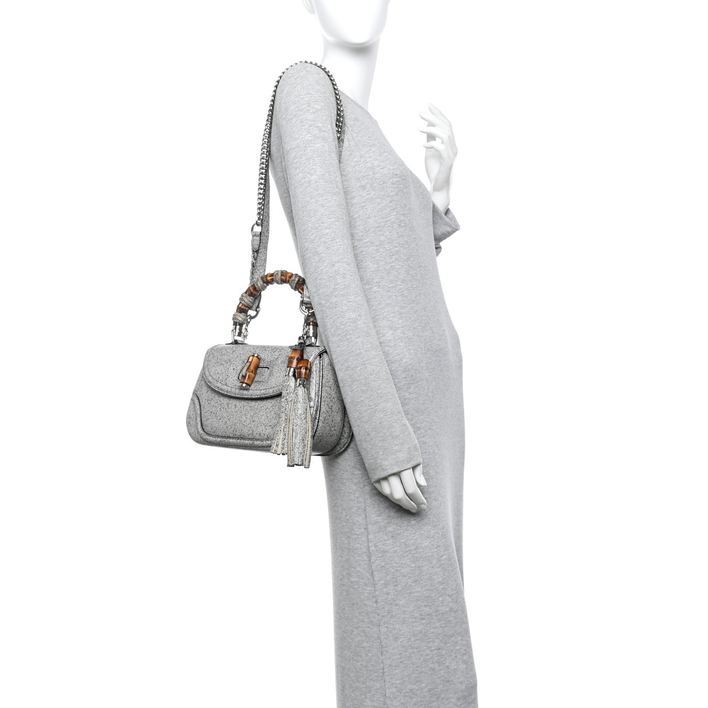 Calfskin Medium New Bamboo Top Handle Bag Grey White